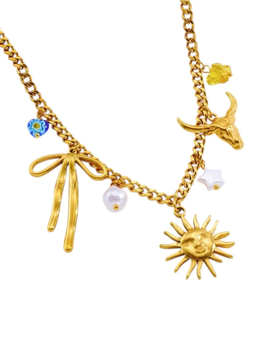 Western Sun Gold Plated Stainless Steel 7 Charm Statement Necklace - New